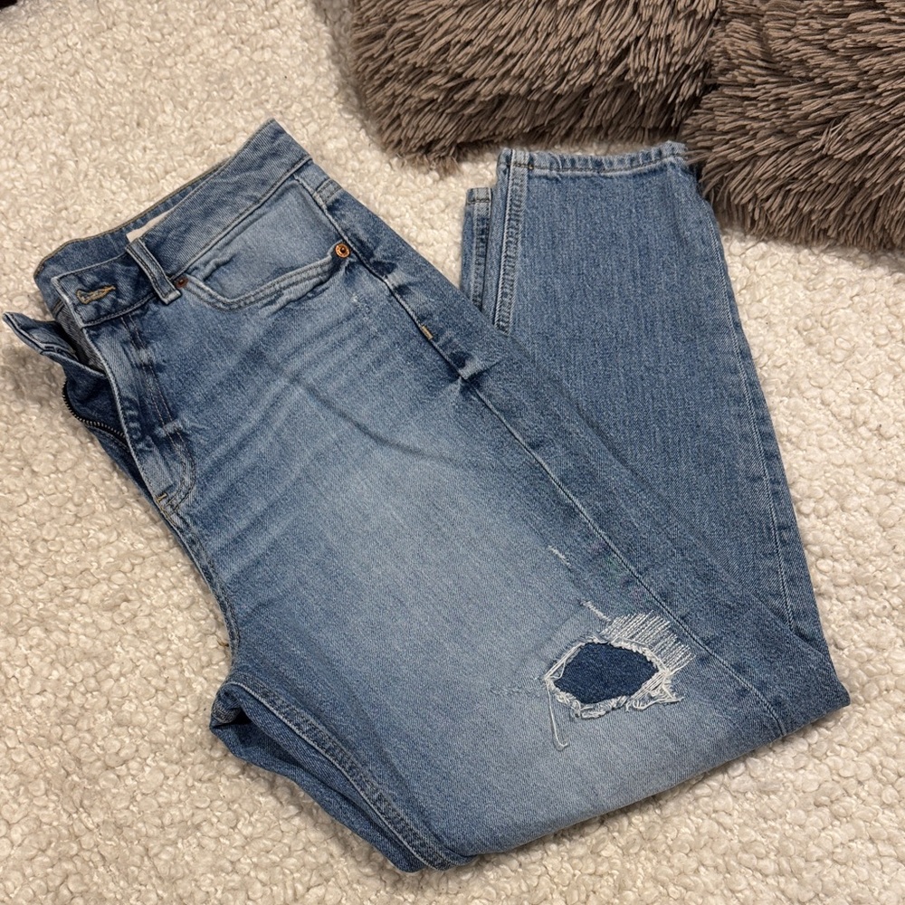 M&S Marks & Spencer Distressed Mom Jeans Size 12 Light Wash High Rise
